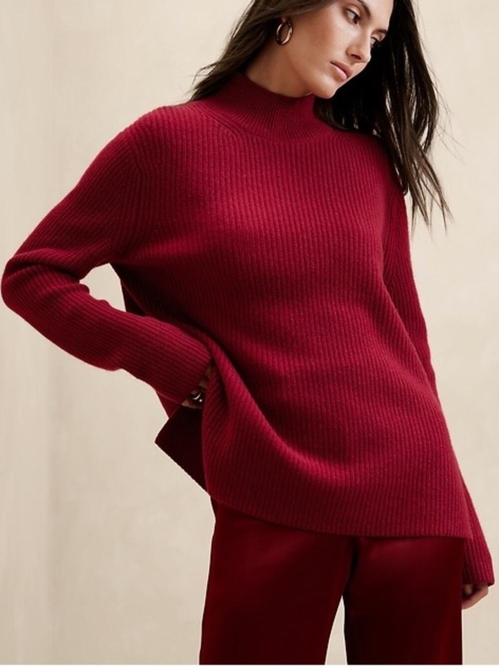Banana Republic Cashmere Mock Neck Ribbed Sweater Winterberry Red Sz S